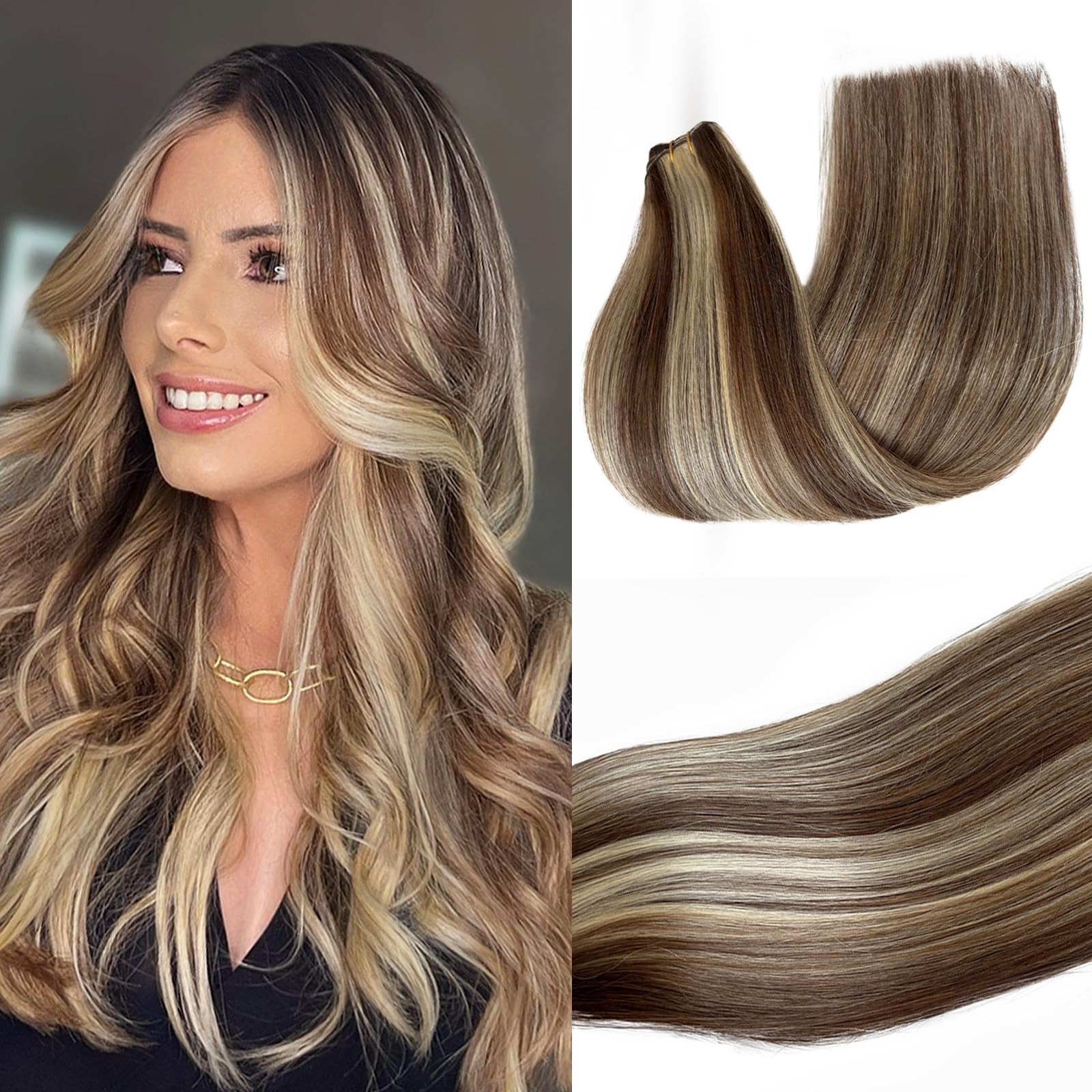 Blonde Highlighted Medium Brown Sew-in Human Hair Extensions Weft