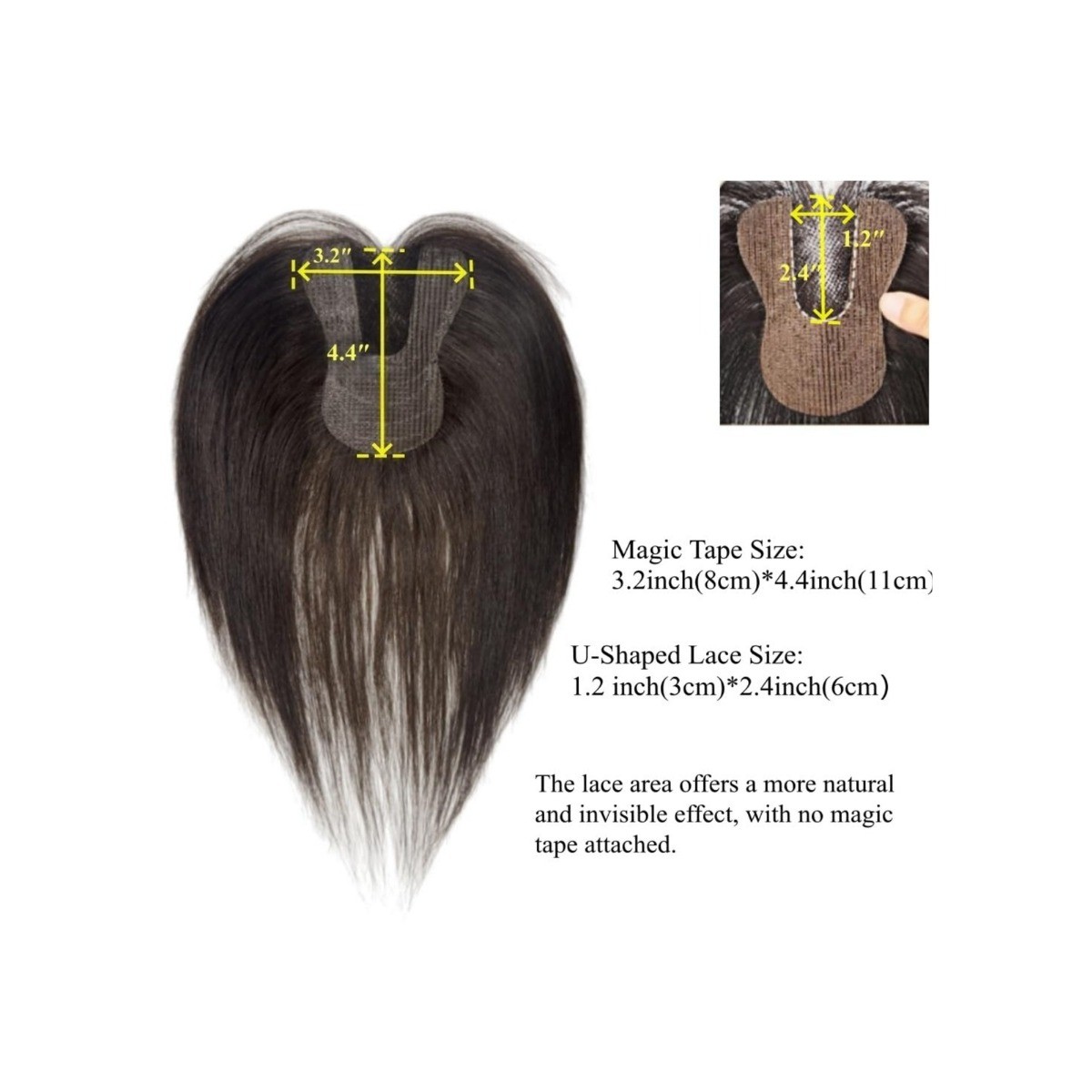 No Clip Human Hair Topper U-Shaped Glueless Hairpiece Dark Brown 10in Bangs