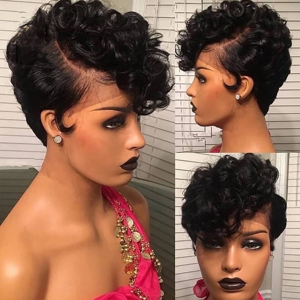 13*1 Bouncy Curly Pixie Cut Lace Front Black Brazilian Human Hair Wigs For Women