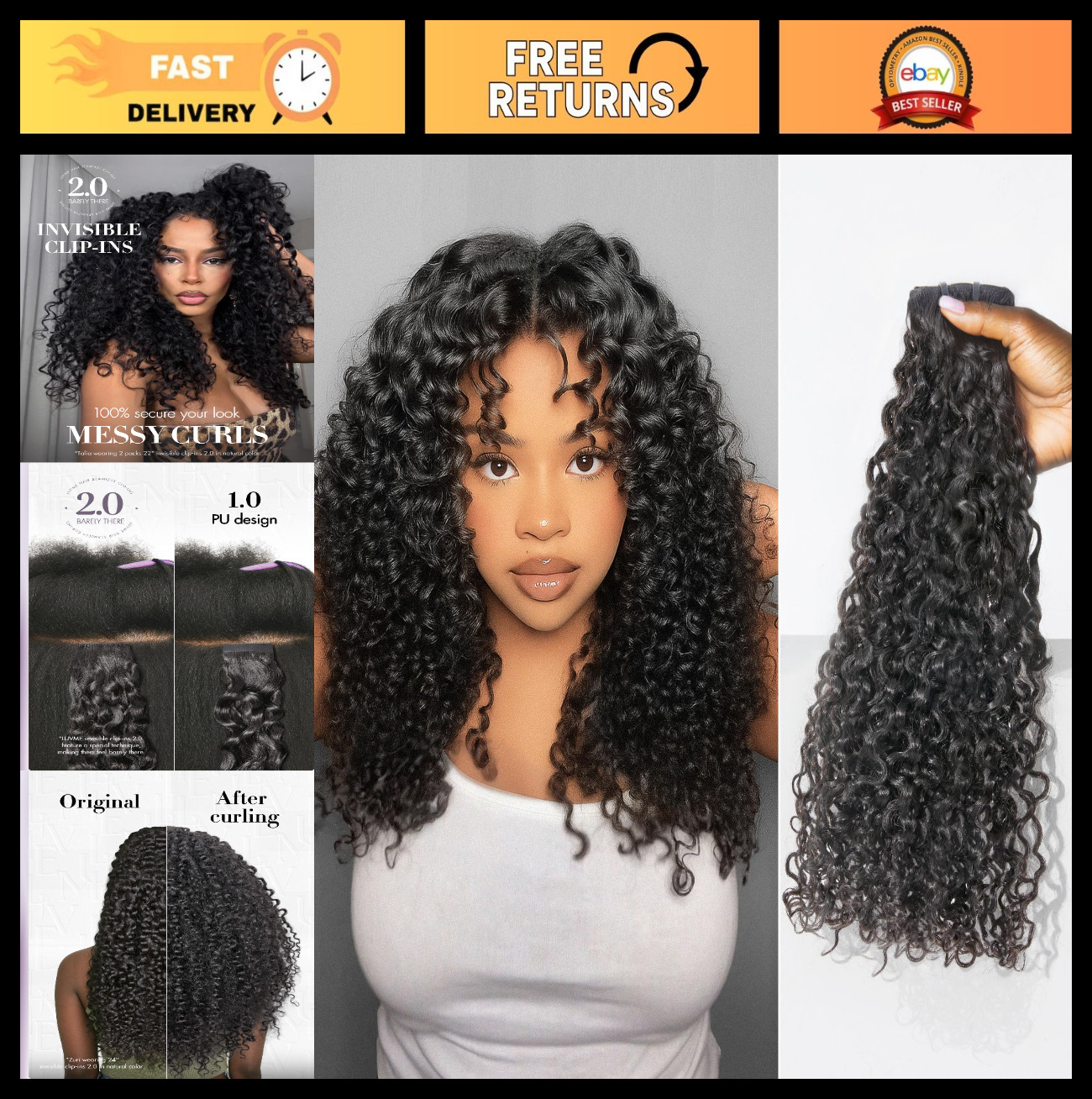 Invisible Messy Curly Clip-In Hair Extensions, 18″ Remy Human Hair, 110g, 6Pcs –
