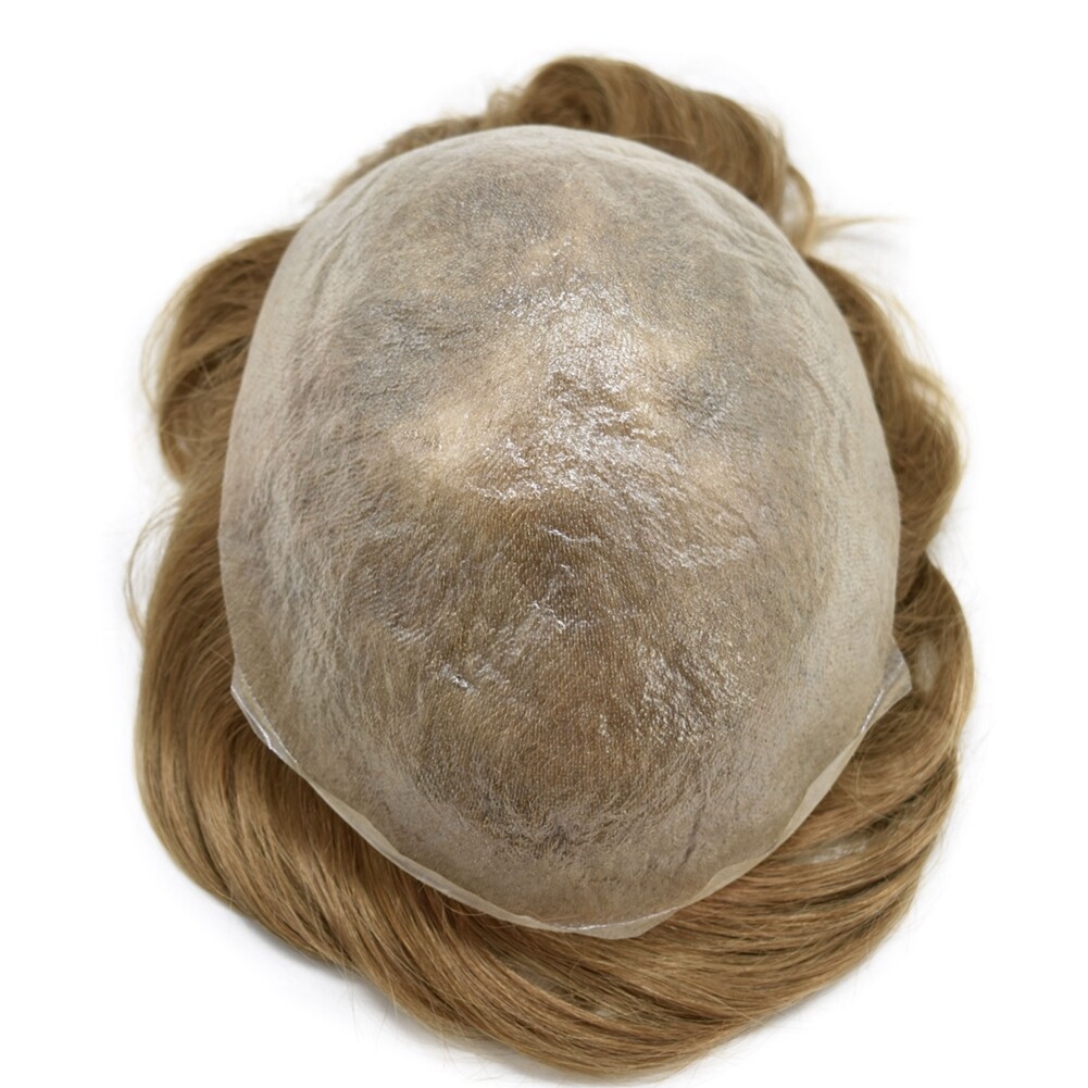 Mens Toupee Thin Skin V-Loop Hairpiece 0.03mm Poly PU Gray Hair Replacement