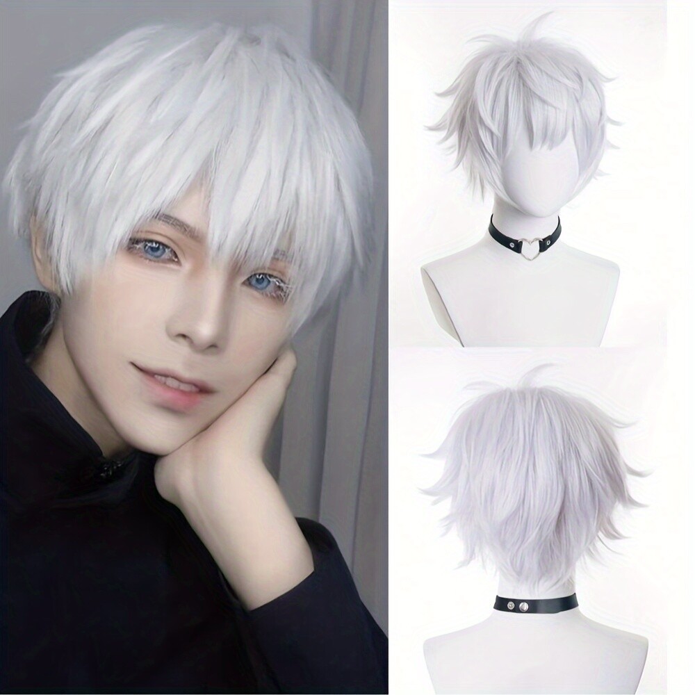Men Silver White Wig Short Straight Synthetic Anime Hair High Temperature Fiber