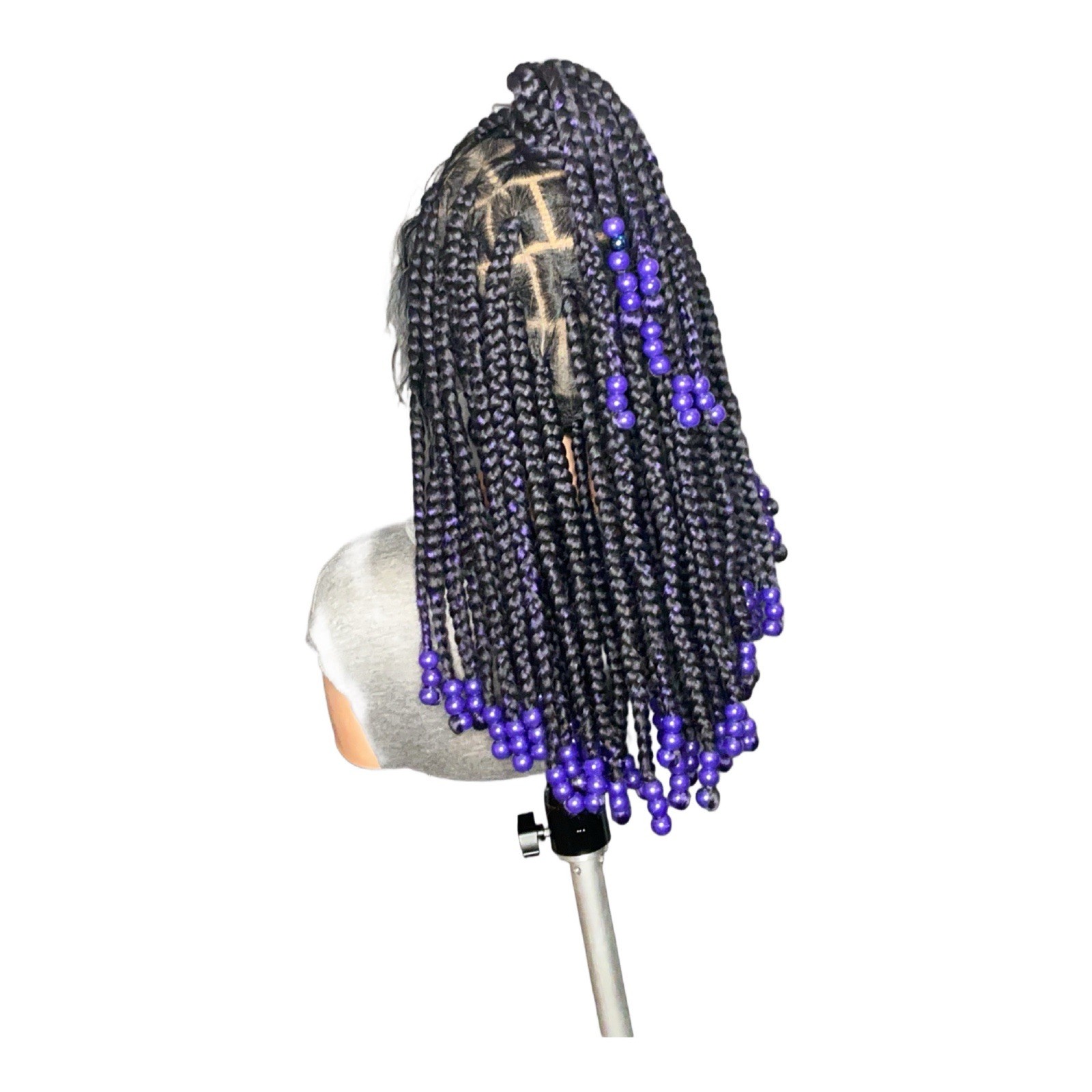 Handmade black box braided wig with stylish purple beads, neat square parting