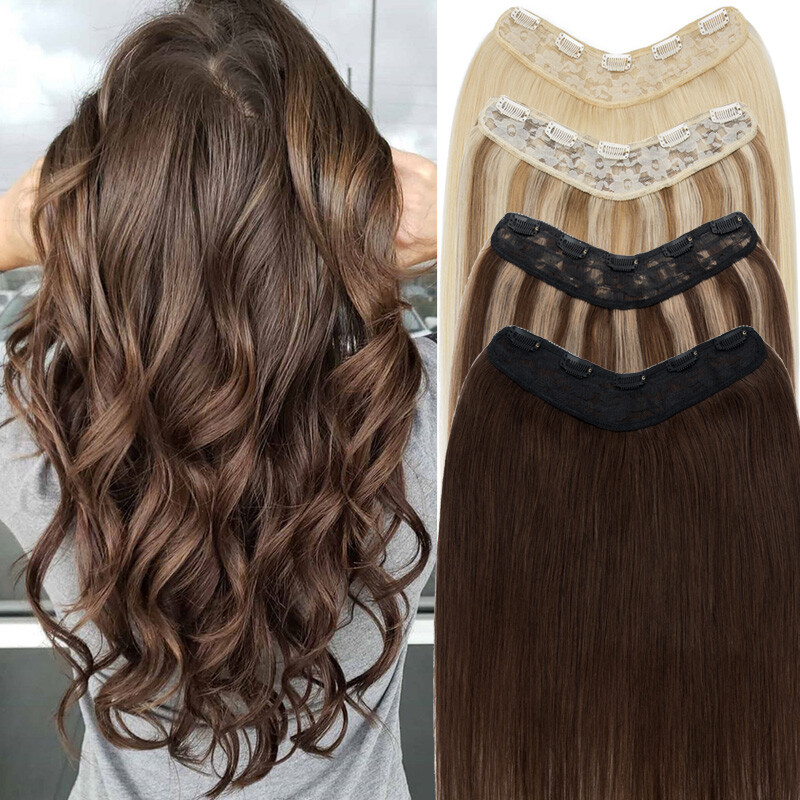 V-Shape Clip In Human Hair Extensions One Piece Weft Full Head Thick Brown 100G+