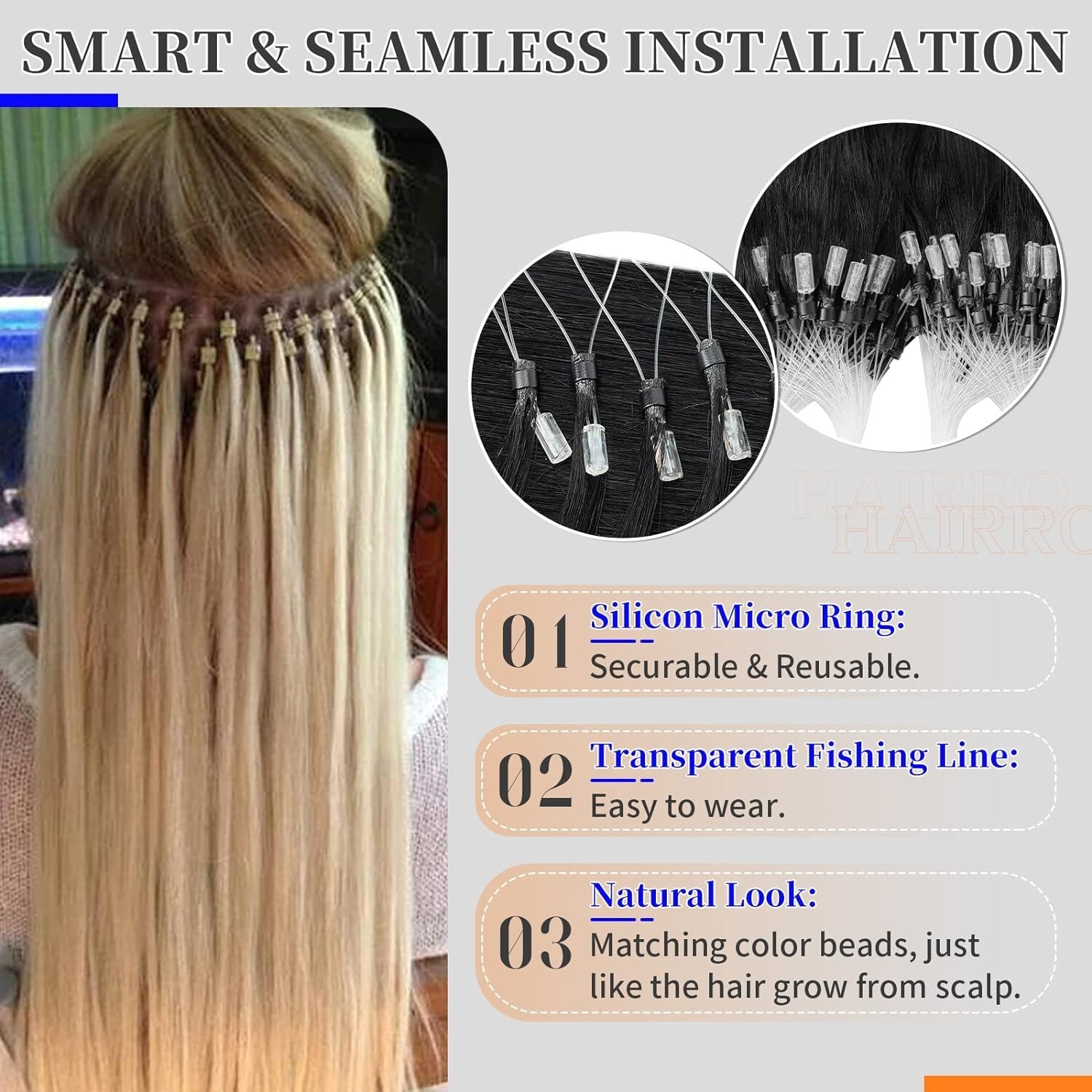 Hairro Microlinks Hair Extensions Human Hair 20 inch 50g 100 Strands #01 Black