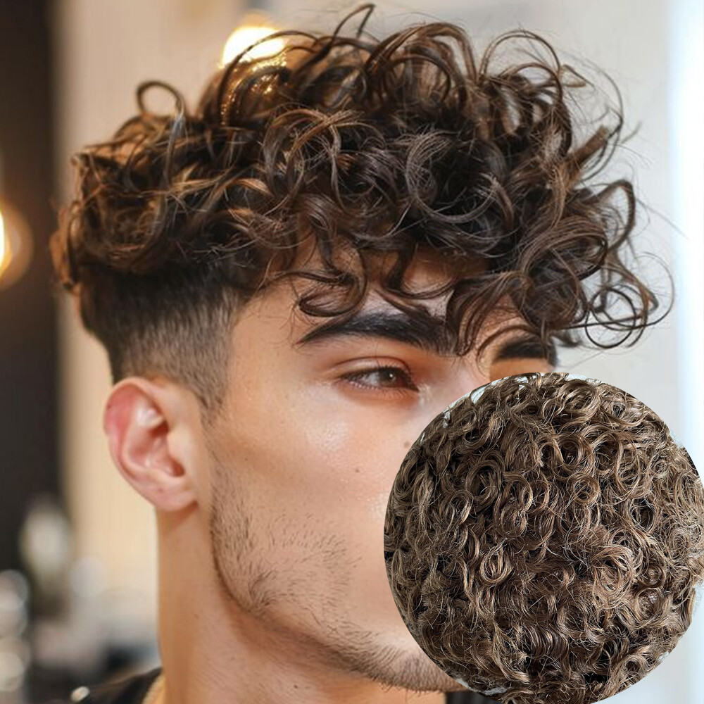 Curly Toupee for Black Men Human Hair System Fine Mono Poly Mens Wigs 20MM