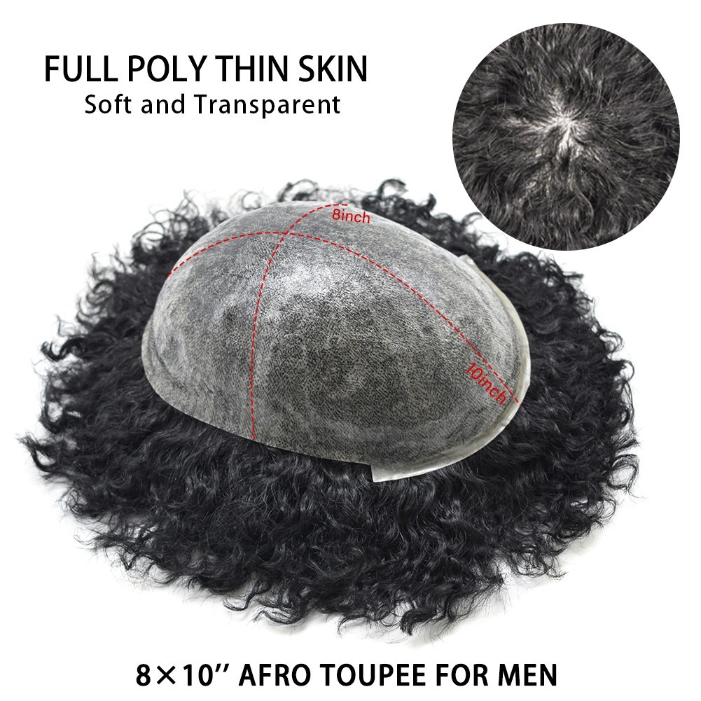 Afro Curl Toupee for Black Men Full PU Human Hair System Kinky Curly Hair Units