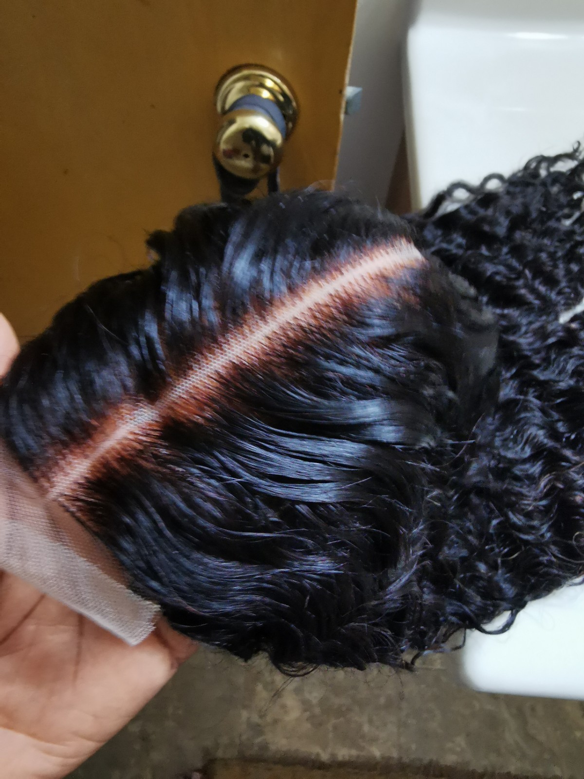 Quality Natural Black Curly Human Hair Glueless Deep Closure Wig 22″ Handmade