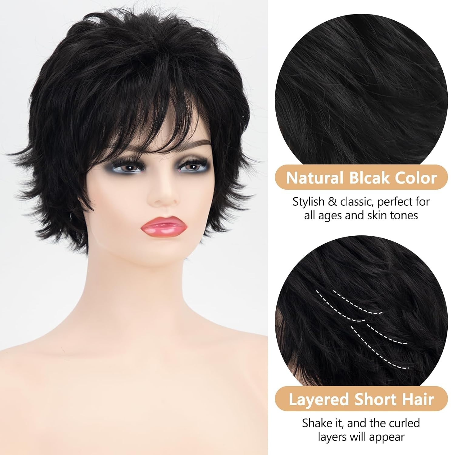 Black Short Curly Wigs for white Women Shaggy Layered Black Pixie Cut Wig wit…