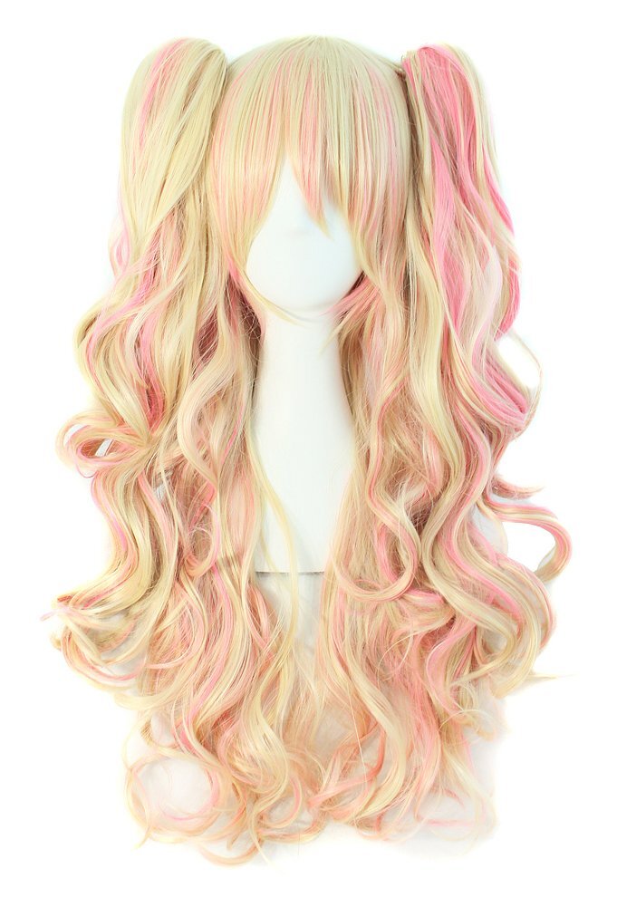 Multi-color Lolita Long Curly Clip on Ponytails Cosplay Wig Blonde/Pink