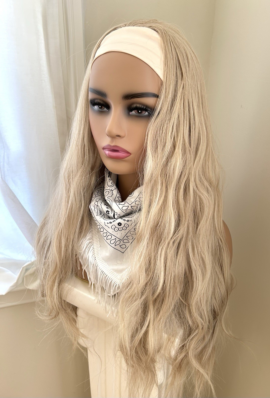 Long Wavy Soft Headband Cap Blonde Synthetic Wig 28” New