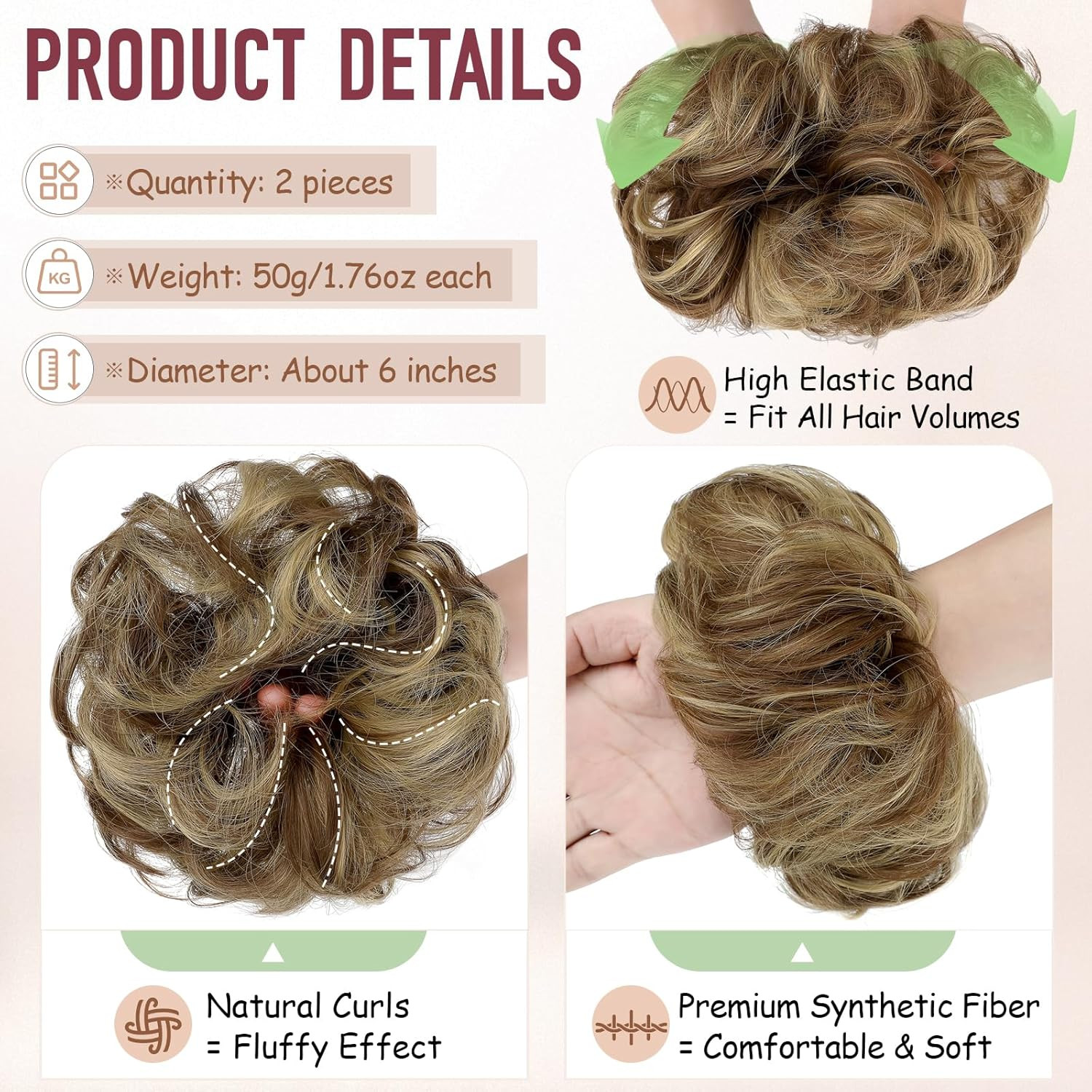2 PCS Messy Bun Hair Piece Wavy Curly Scrunchies Synthetic Chignon Ponytail Hair