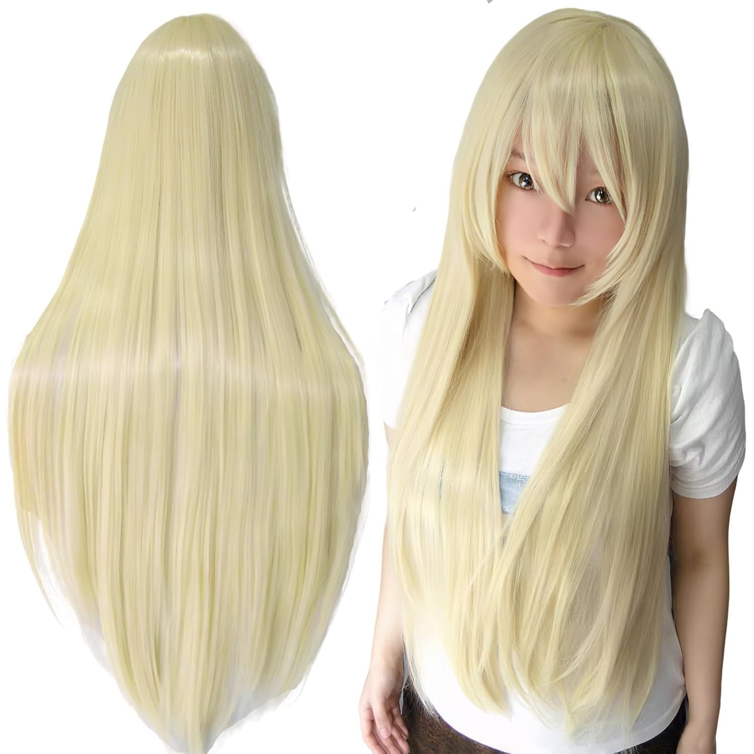 80cm Long Straight Blonde Cosplay Wig with Bangs – Glueless & Heat-Resistant