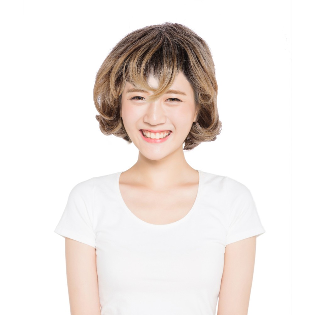Short Curly Wavy Hair Fiber Lace Front Wig Yellow Realistic Cover for Women