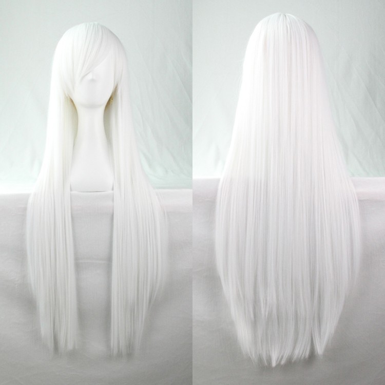 White New 80cm Straight Sleek Long Full Hair Wigs Side Bangs for Women Rose Net