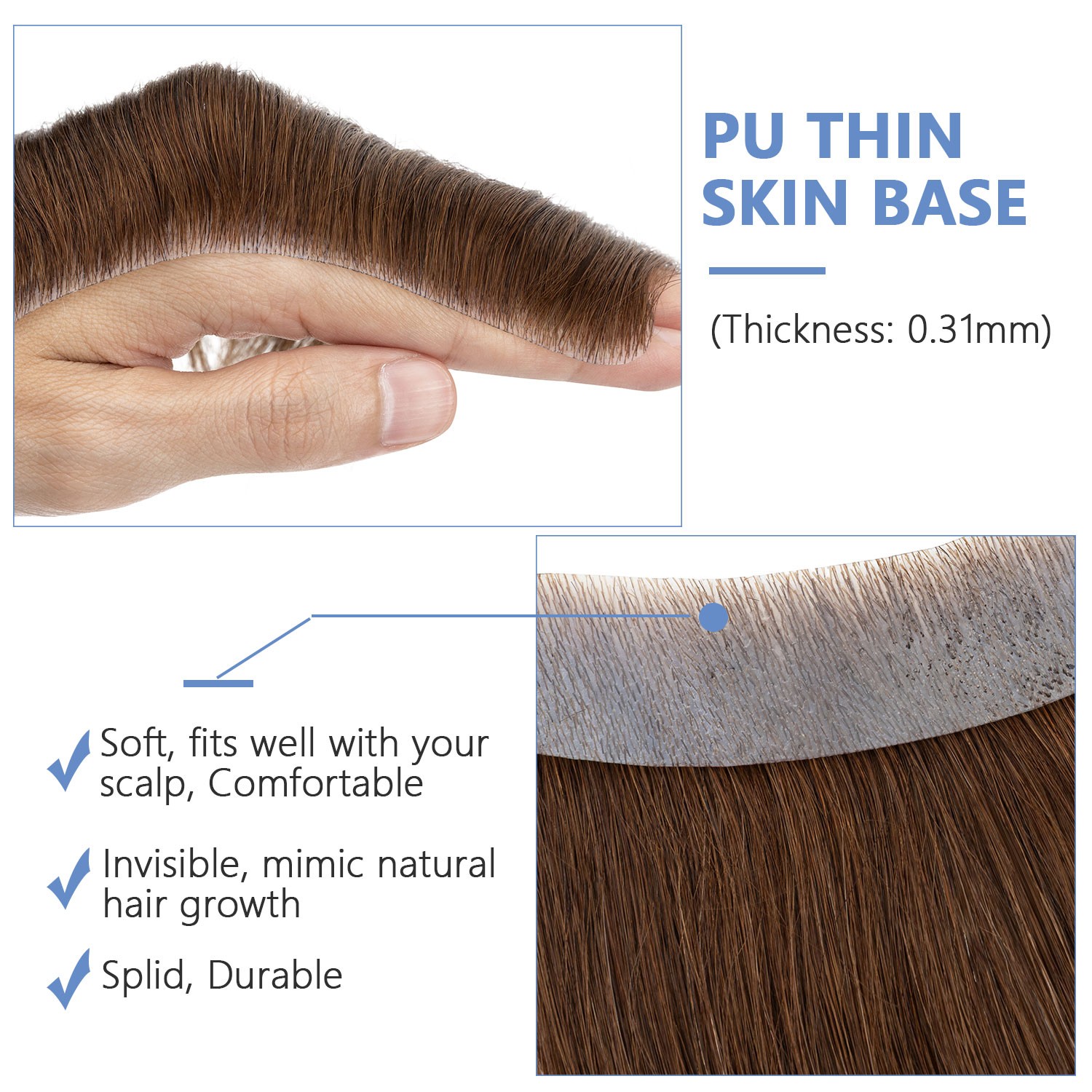 100% Human Hair Replacement System Thin PU Skin Toupee Wig Hairpiece Women Men M