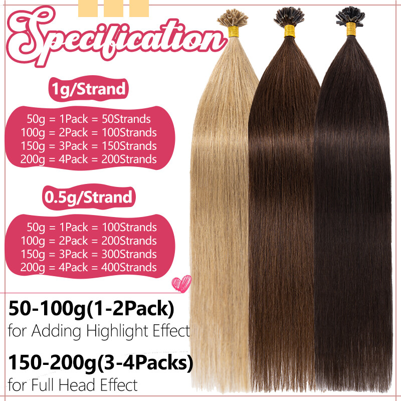 300Strands Nail U Tip Pre-Bonded Real Remy Human Hair Extensions Thick Russian