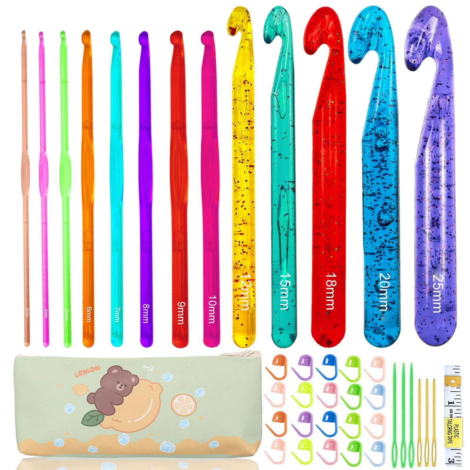 BsHooker 13 Size Crochet Hooks Set,Plastic Crystal 3.0mm-25mm, Colorful1