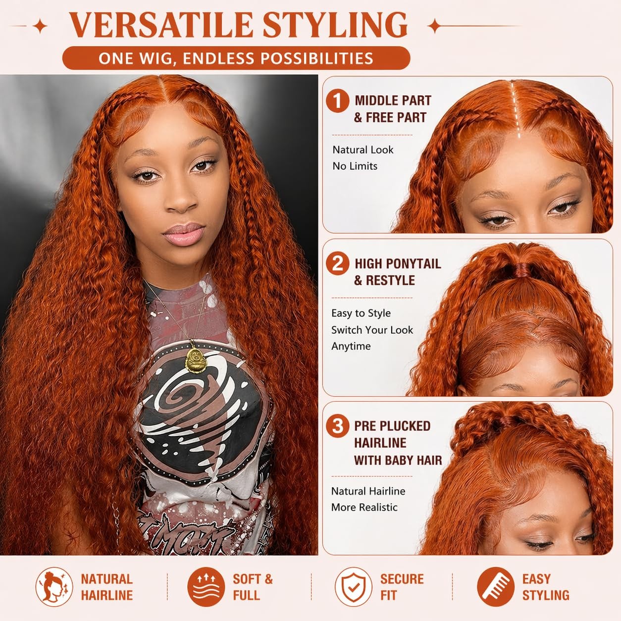 ALSZIQIHR Ginger 13×4 Water Wave Lace Front Human Hair Wig for Women 24Inch