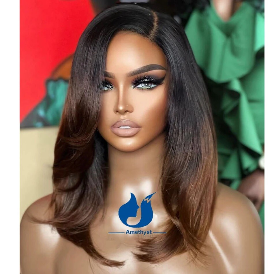 Ombre Brown Human Hair Side Part 13×6 Lace Front Wig Black Women Short Glueless