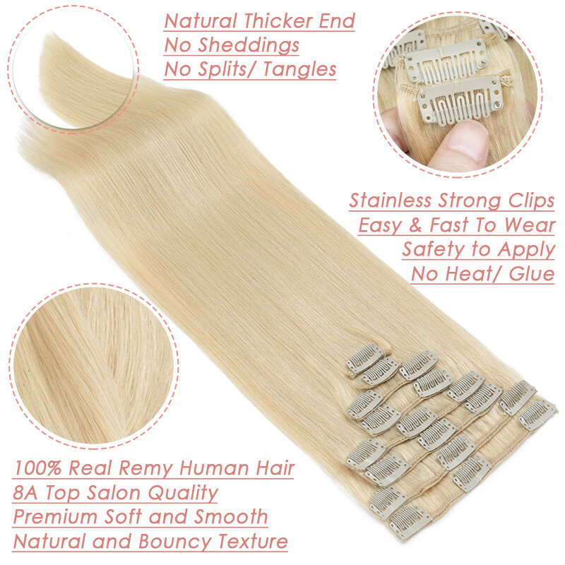 Super Soft Clip In Extensions 100% Real Remy Human Hair 8 Pieces 18Clips WEFTS