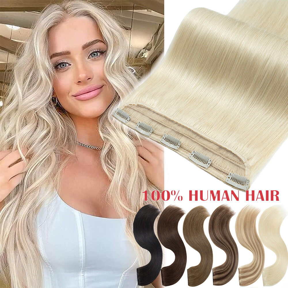 100% Soft Clip In One Piece Remy Human Hair Extensions 3/4 Full Head THICK Ombre