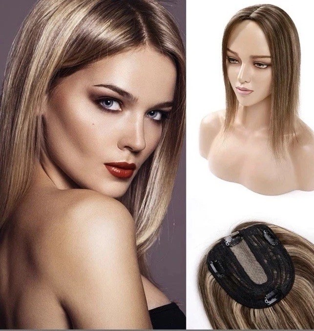 MY-LADY Human Hair Topper Real Human Hair Light Brown/Blond Mix