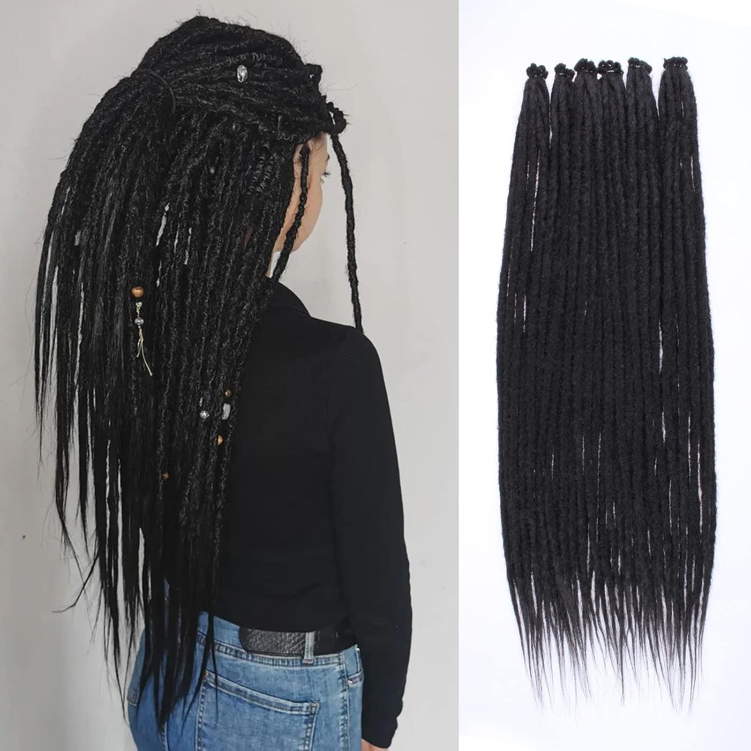 Leeven Thin 24 Inch Dreadlock Extensions 0.6 cm Width 20 Strands Natural Black S