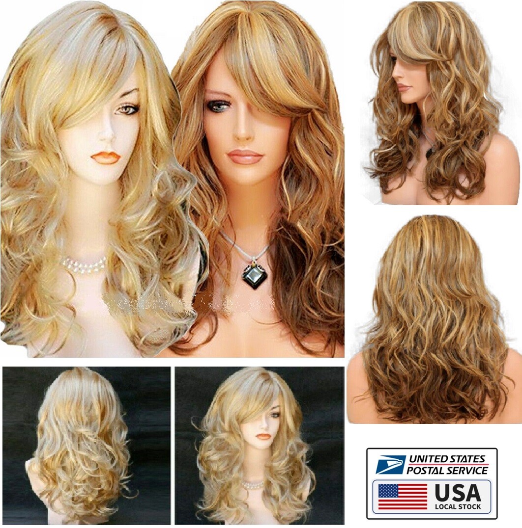 Long Natural Wavy Ombre Brown Blonde Wigs with Bangs for Women Daily Use Hair US