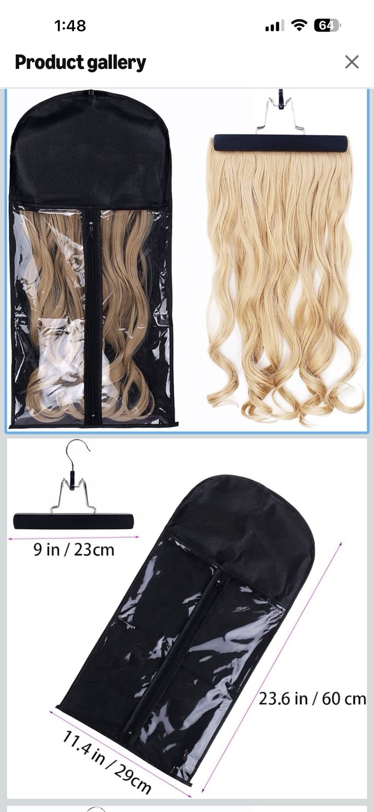 Hair Extension Storage Bag Anti-Slip Hanger, Clear Front, Zipper 23.6 in