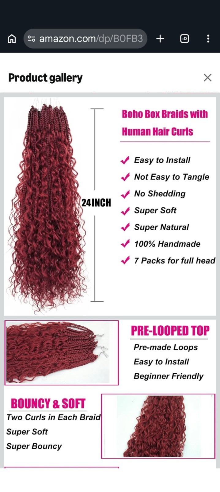 Goddess Box Braids Crochet Hair 24 inch Protein Fiber Pre-Looped Boho Braid Curl