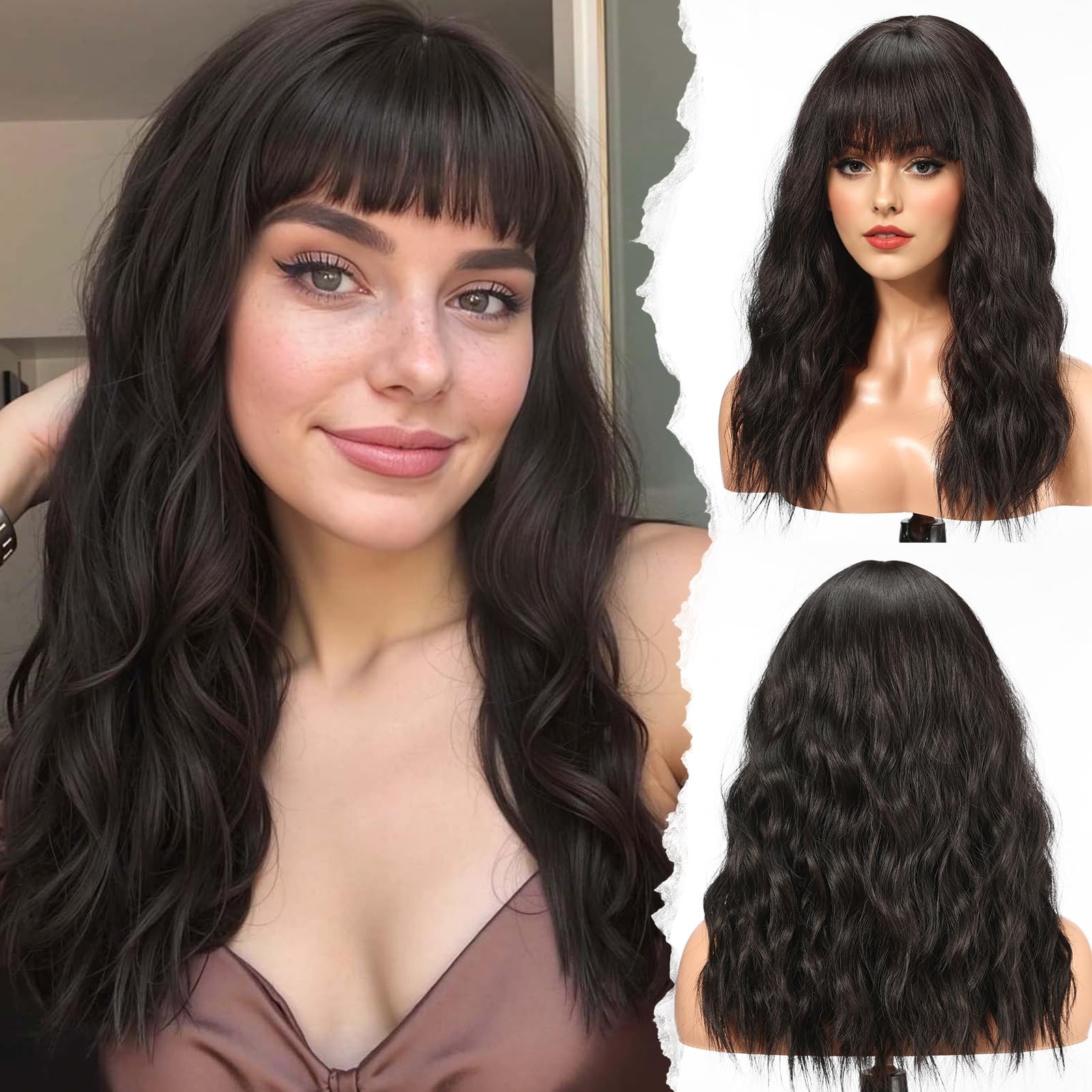 Long Wig with Bangs Synthetic Wavy Wigs for Women Natural Black Color