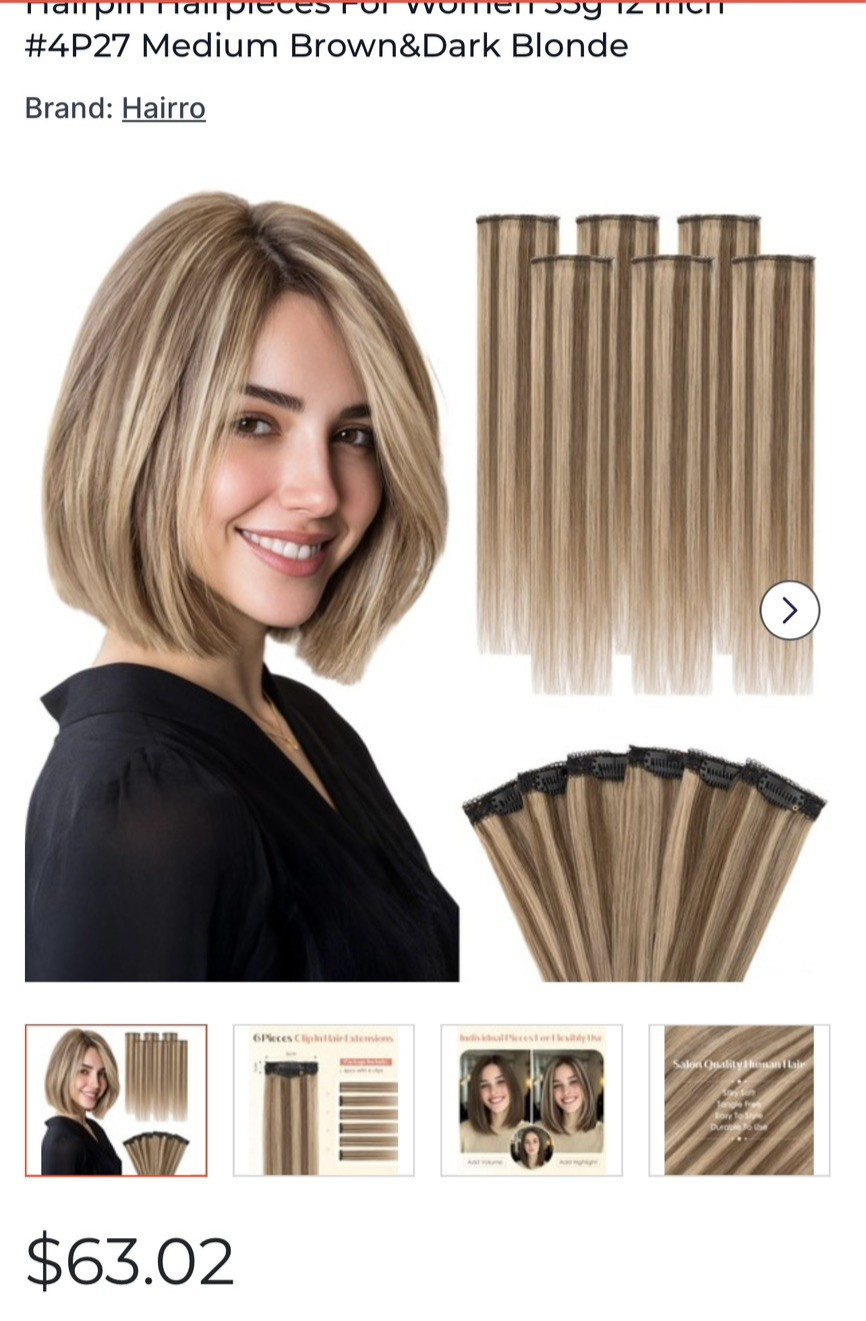 New Real Human Hair 6 Piece Clip Ins Extensions 33g 12″ #4P27 Brown & Blonde