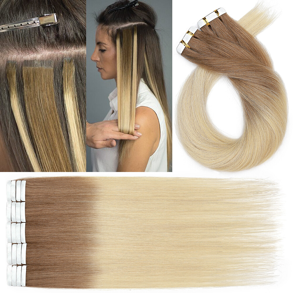 12-24 60PCS Tape In Russian Remy Human Hair Extensions Thick Skin Weft Balayage