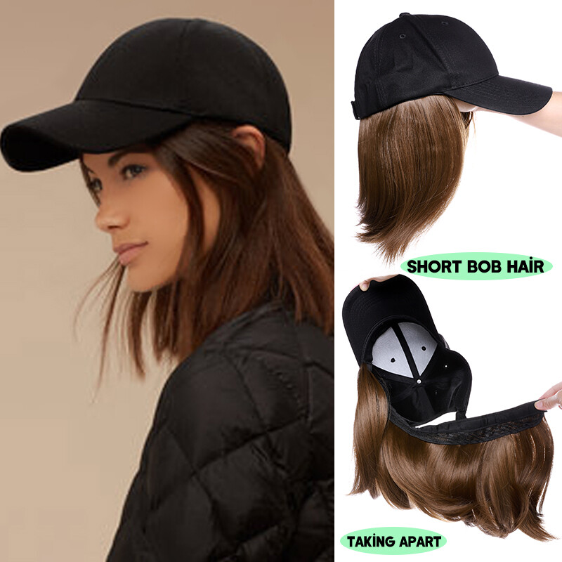 Fake Hair Wig Thick Full Head Hairpiece With Peaked Black Baseball Hat Cap Black