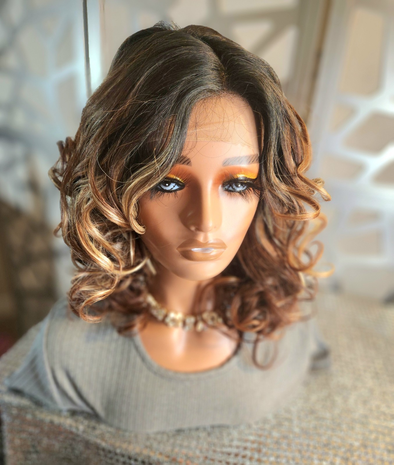 Curly Loose Wave Ombre Brown Blonde Wig Lace Front Balayage Highlights Auburn