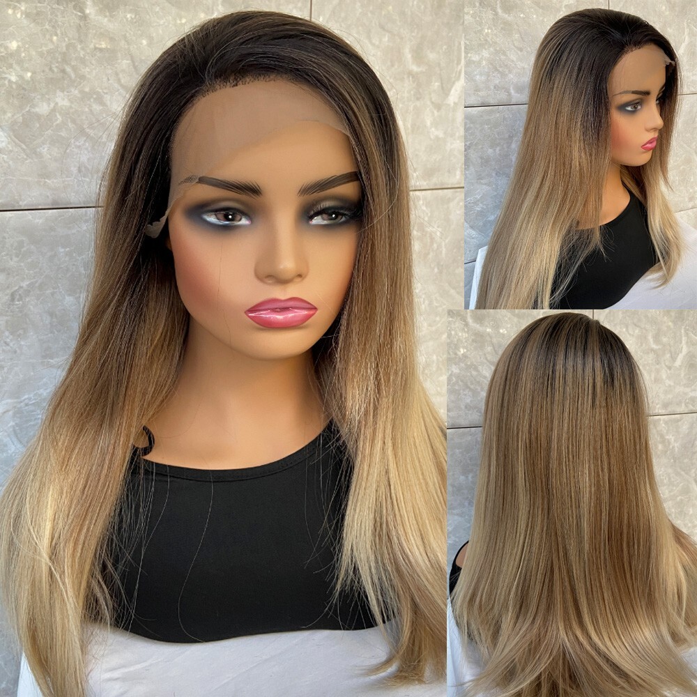 Long Straight Rooted Blonde Mix Lace Front Human Hair Blend Heat Ok Wigs Women
