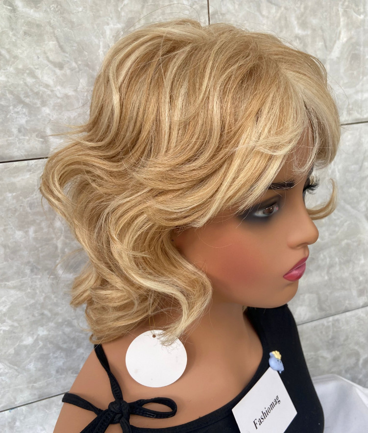 Medium Bob Dark Rooted Blonde Mix Synthetic Hair Wigs Women Soft Natural