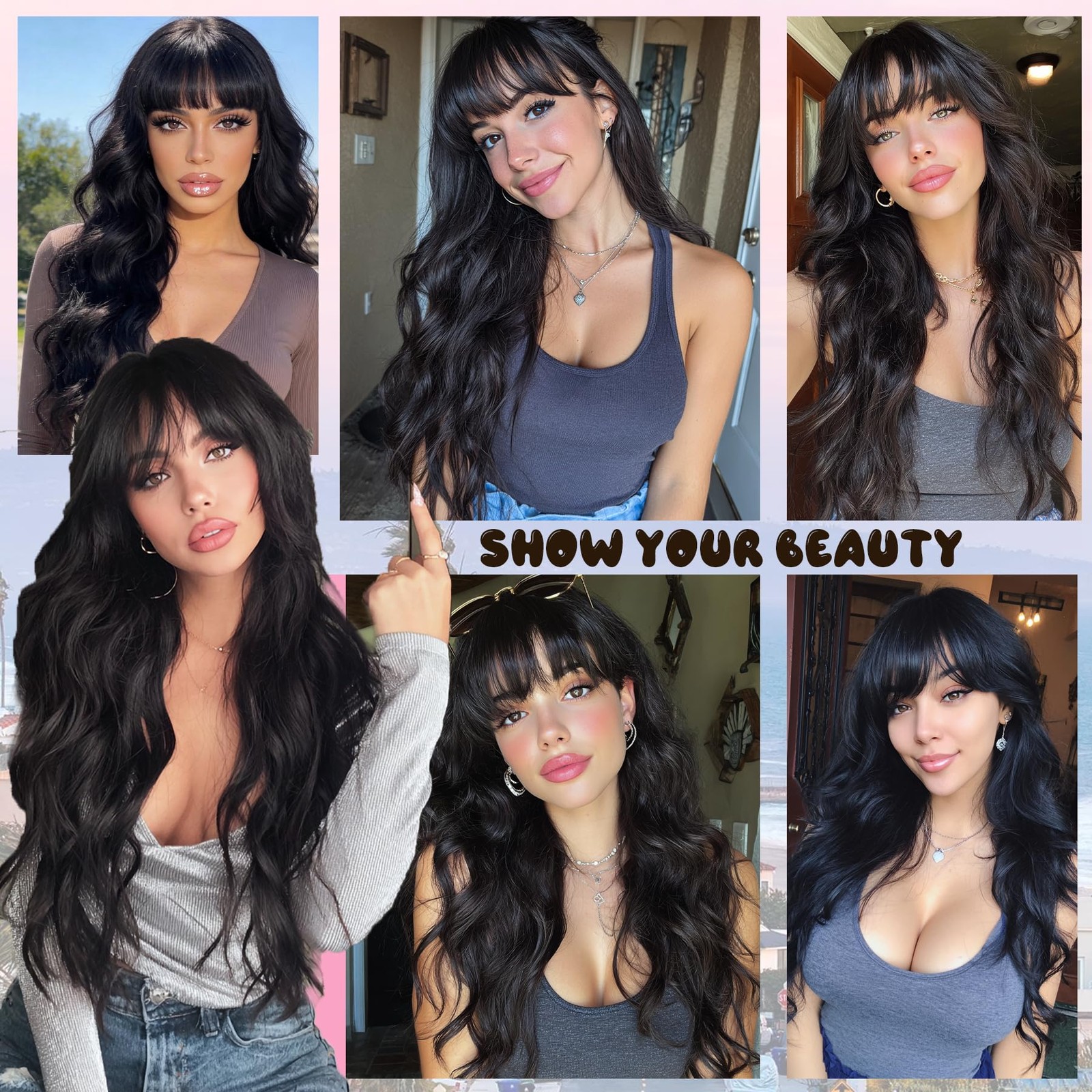 Black Wig with Bangs Long Black Wavy Wigs for Women 26 Inch Long Synthetic Wi…