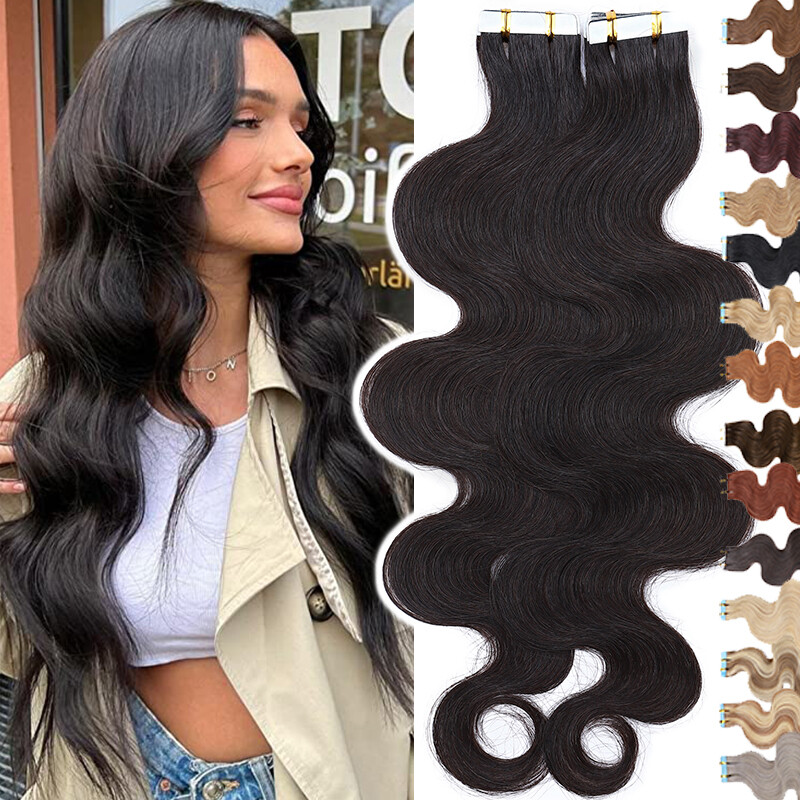 12″-24″ Tape in Real Remy Human Hair Extensions Skin Weft Wavy Full Head 150G