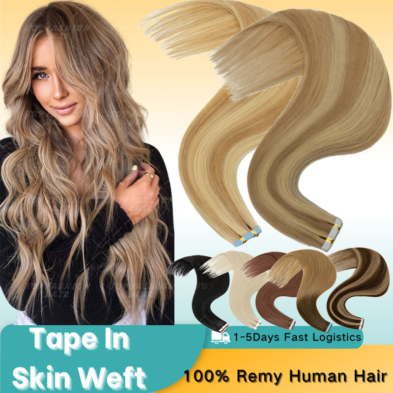 40PCS Tape In On Stick Remy Human Hair Extensions Skin Weft Sliver 10″-24″ Thick