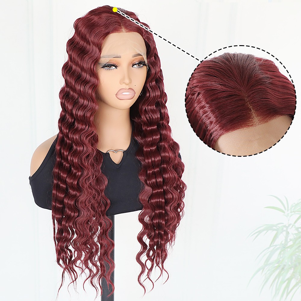 13×4 Deep Wave Lace Front Wigs Wine Red Color Women Long Curly Hair Pre Plucked