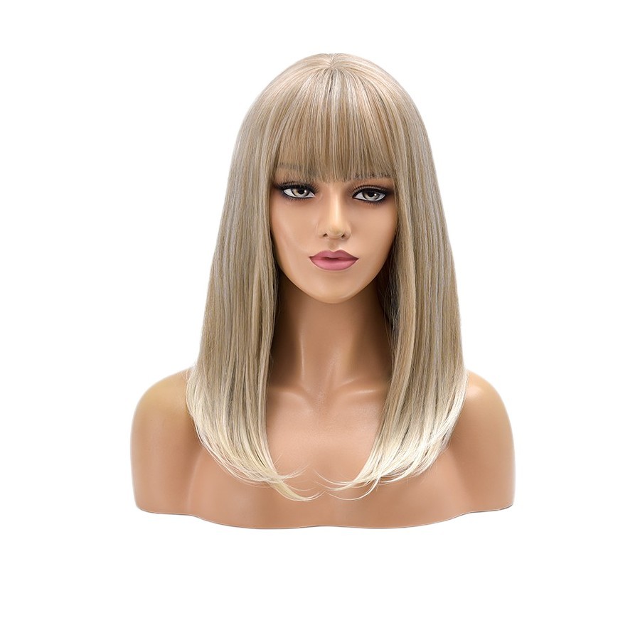 Gradient blonde Cosplay Party Wig With Bangs Short Straight Heat Resistant Hair
