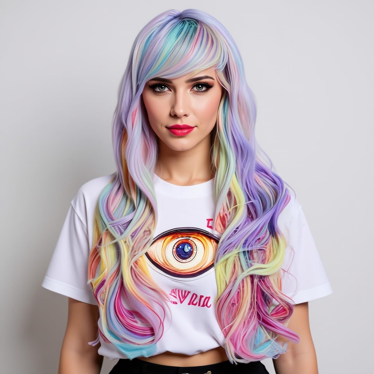 Rainbow Colorful Wigs for Women 26 Inches Long Wavy Fashion Synthetic Full He…