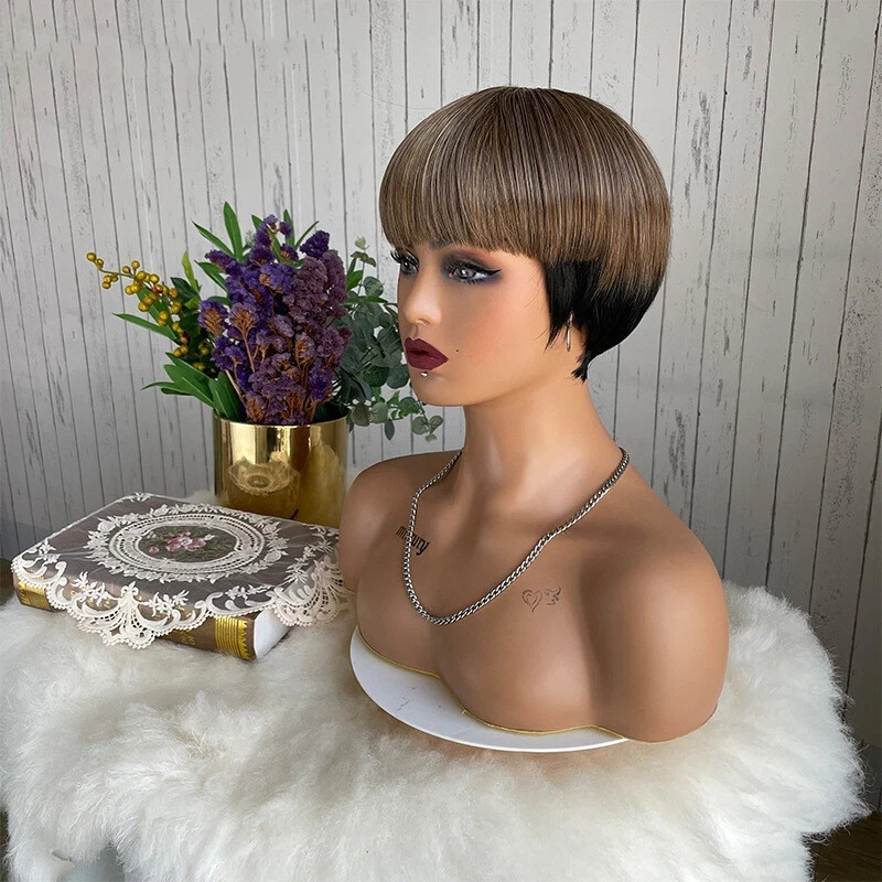 Pixie Cut Wigs with Bangs for Black Women Short Ombre Ash Brown Mixed Black Wigs