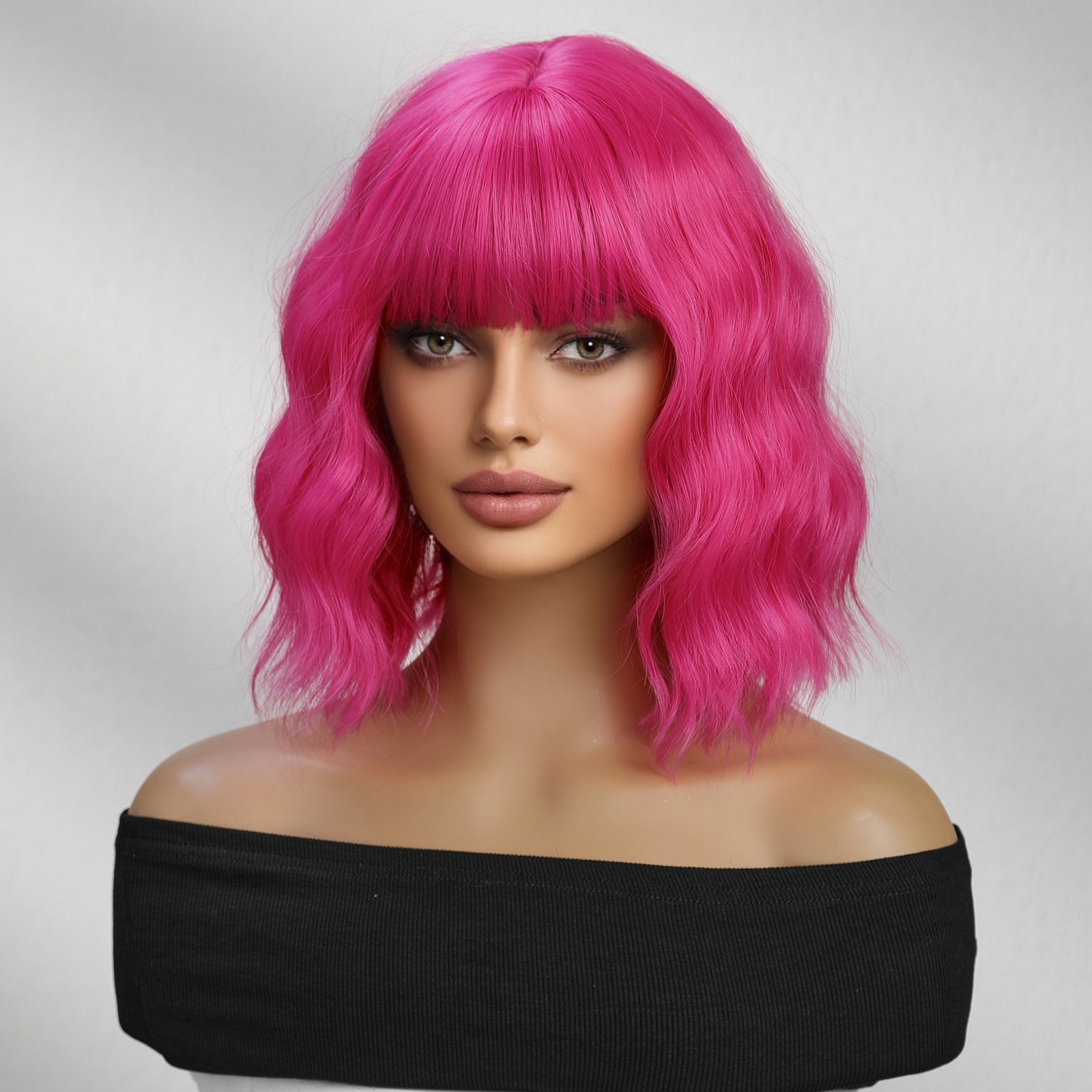12in Pink Short Wavy Wig with Bangs Women Curly Synthetic Hair Wig Fashion Daily