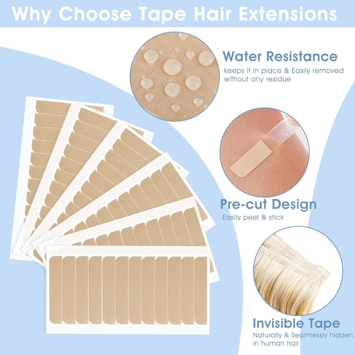 Hair Extension Tape Tabs, 144PCS Pre-Cut Double Sided Adhesive Tapes in Hair Ext
