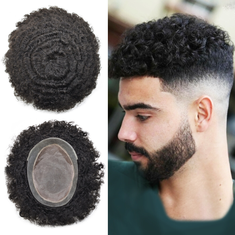 Mens Toupee Hairpiece Afro Curly Human Hair System Monofilament Wig for Men 6MM