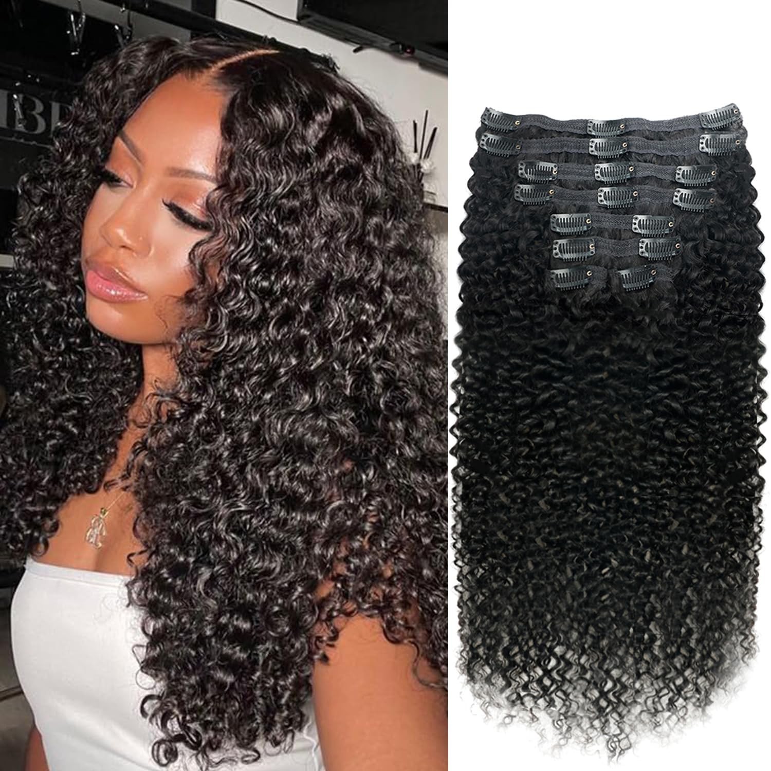Curly Clip-In Hair Extensions for Black Women – 22″ Kinky Curly Human Hair, 120g