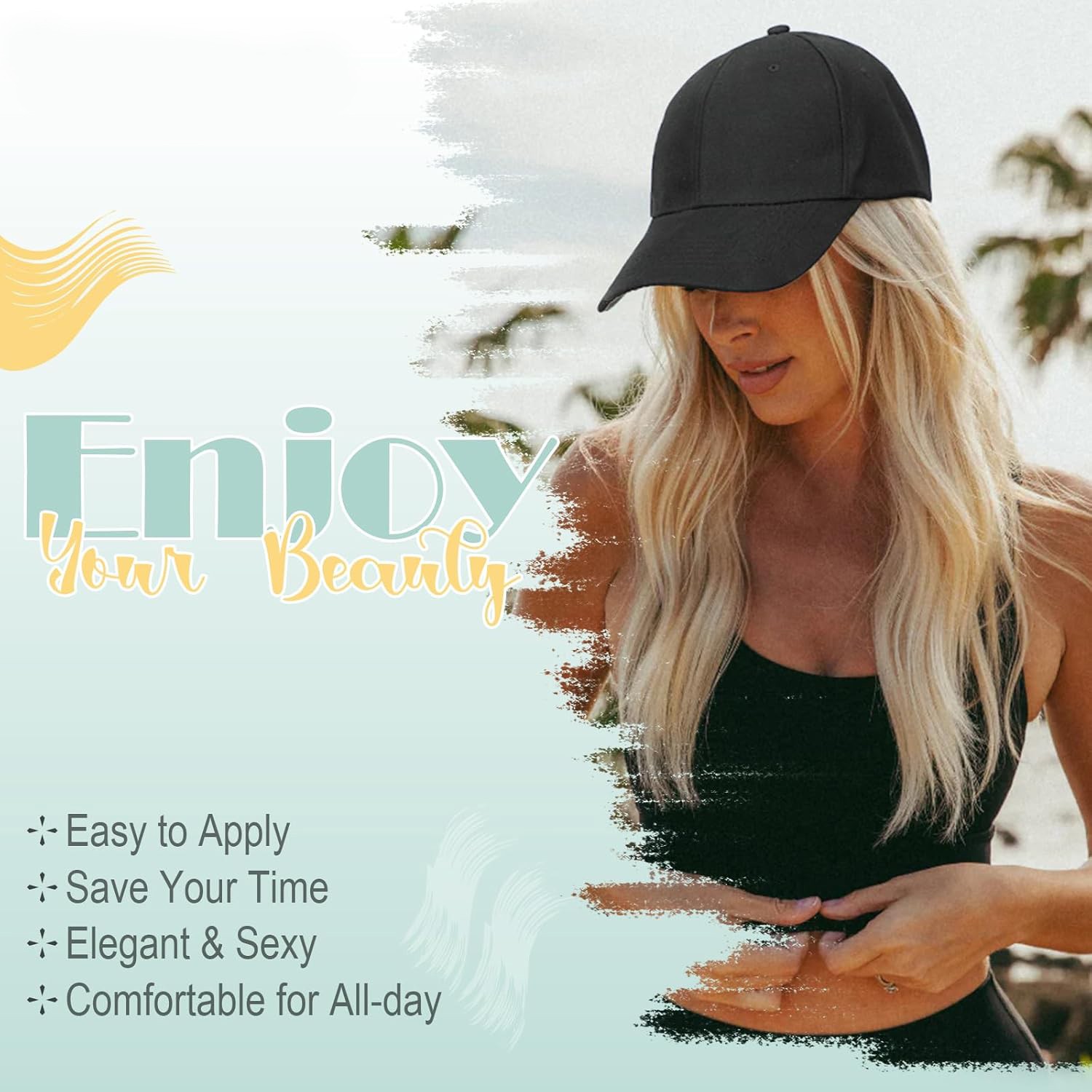 Women Baseball Cap Hat with Long Natural Wavy Synthetic Hair Wig for Party Black